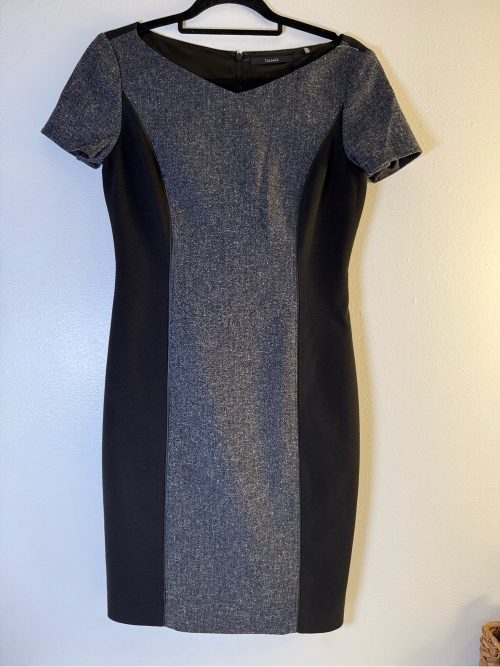 Tahari Black and Heather Gray Panel Midi Dress